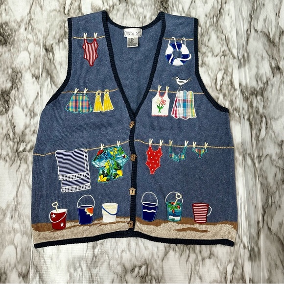 Vintage Mandal Bay CottageCore CoastalGrandma Sweater Vest XXL Beach Embellished - Picture 1 of 12